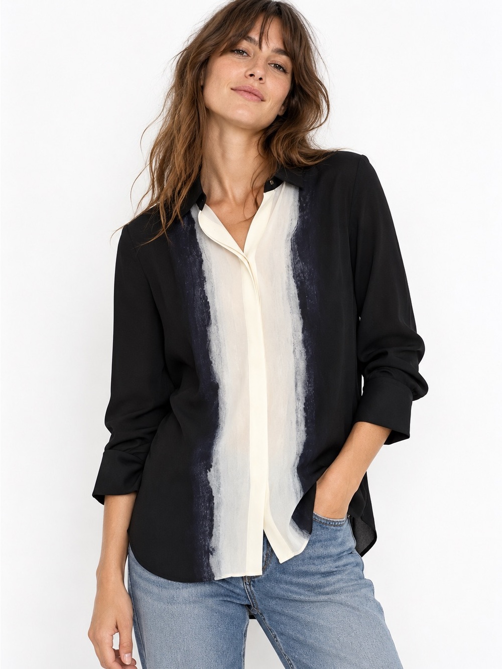 Vince 100% Silk Ombre Colorblock Blouse – Black Ivory Navy – Size 8